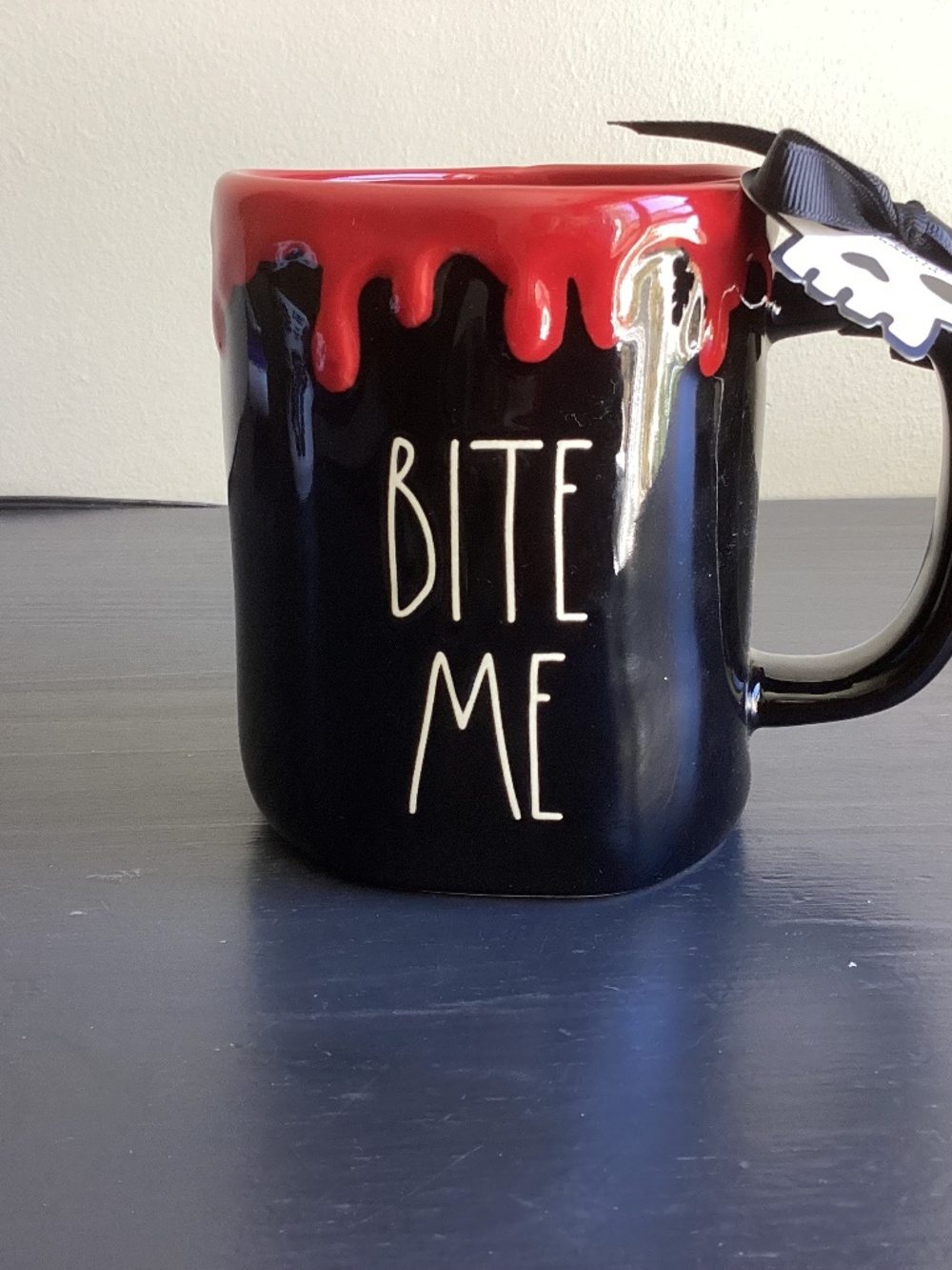 New w/ Tag Rae Dunn ‘Bite Me’ Black Mug Dripping Blood Halloween